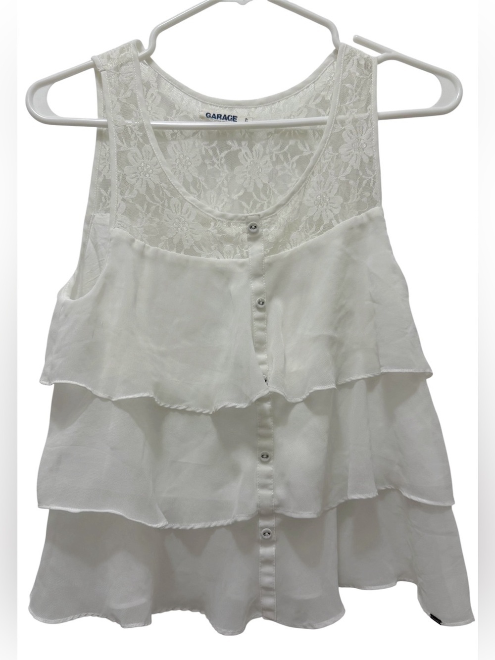 Garage White Lace-Tiered Ruffle Top